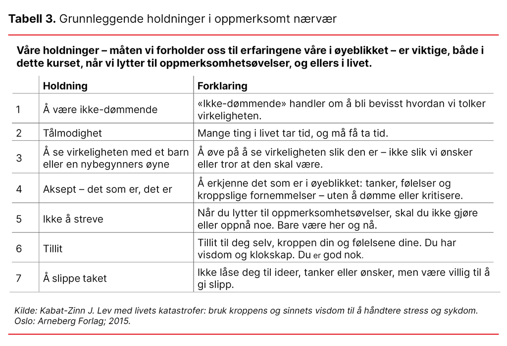 Tabell 3. Grunnleggende holdninger i oppmerksomt nærvær