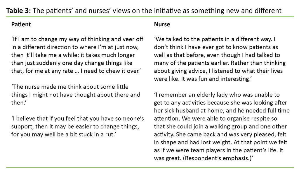 Table 3. The patients’ and nurses’ views on the initiative as something new and different