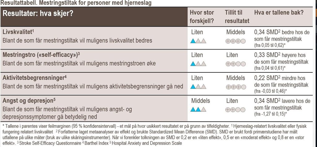 Resultattabell. Mestringstiltak for personer med hjerneslag.
