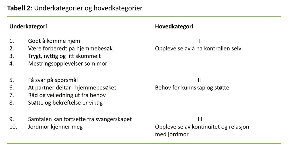 Tabell 2: Underkategorier og hovedkategorier