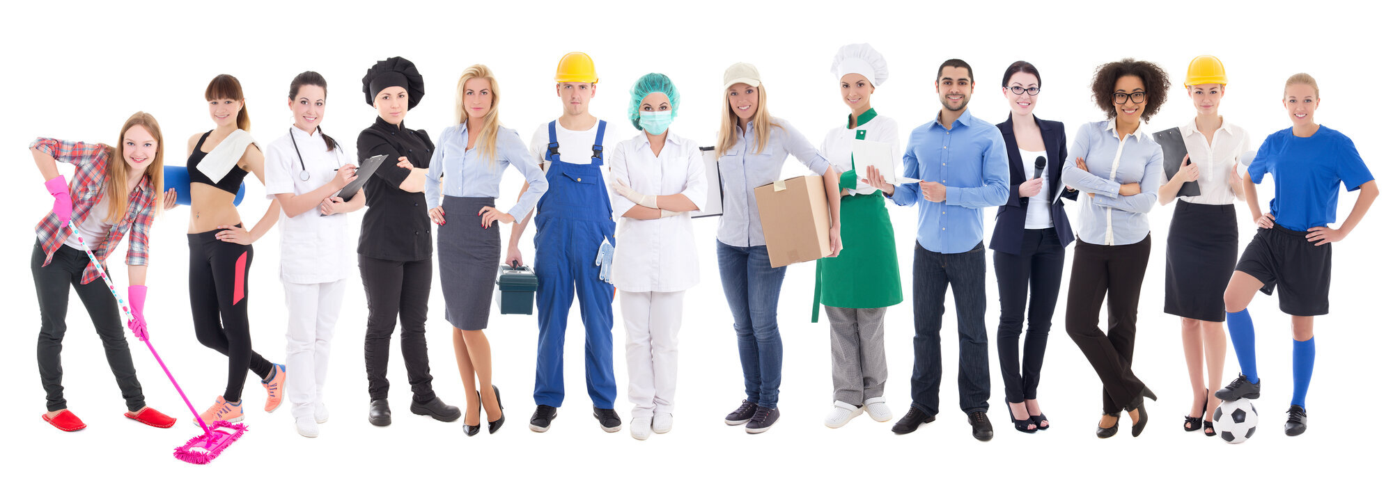 En rekke med personer som representerer ulike yrker