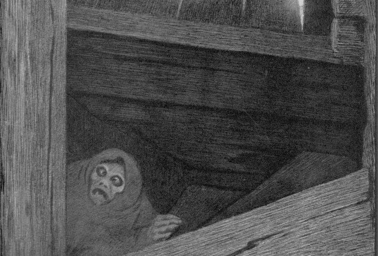 Bildet viser et utsnitt av maleriet Pesta i trappen av Theodor Kittelsen.