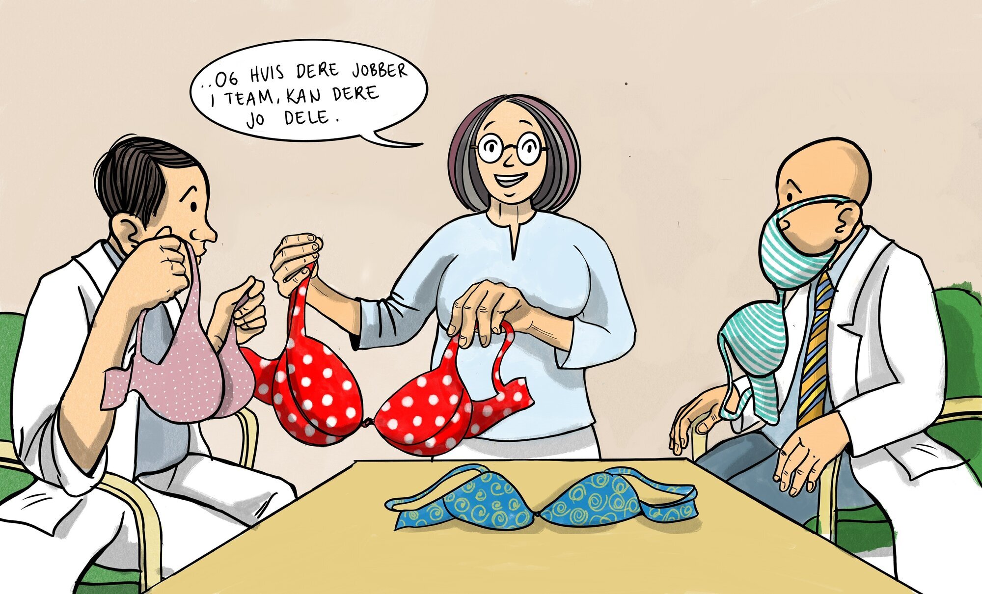 Illustrasjonen viser helsearbeidere som må bruke en BH som ansiktsmaske. Hun ene sier: "Og hvis dere jobber i team, kan dere jo dele."