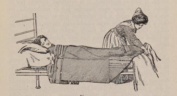 Illustrasjonen viser en sykepleier som steller en pasient.