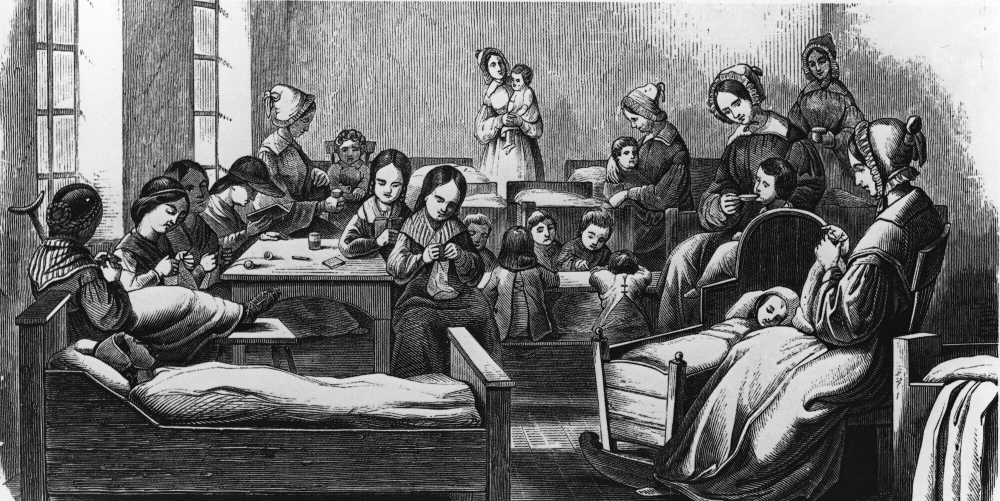 Tegningen viser diakonisser som tar seg av barn.