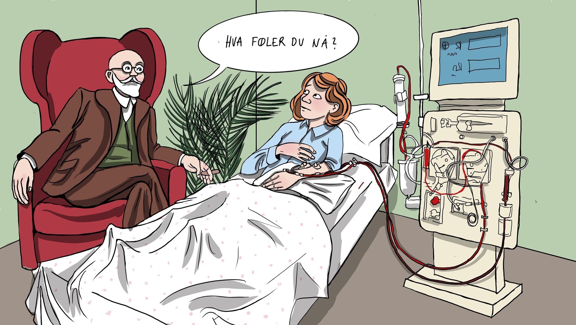 Illustrasjonen viser en dialysepasient som får dialyse mens en eldre mann sitter i en stol ved siden av og sier "Hva føler du nå?"
