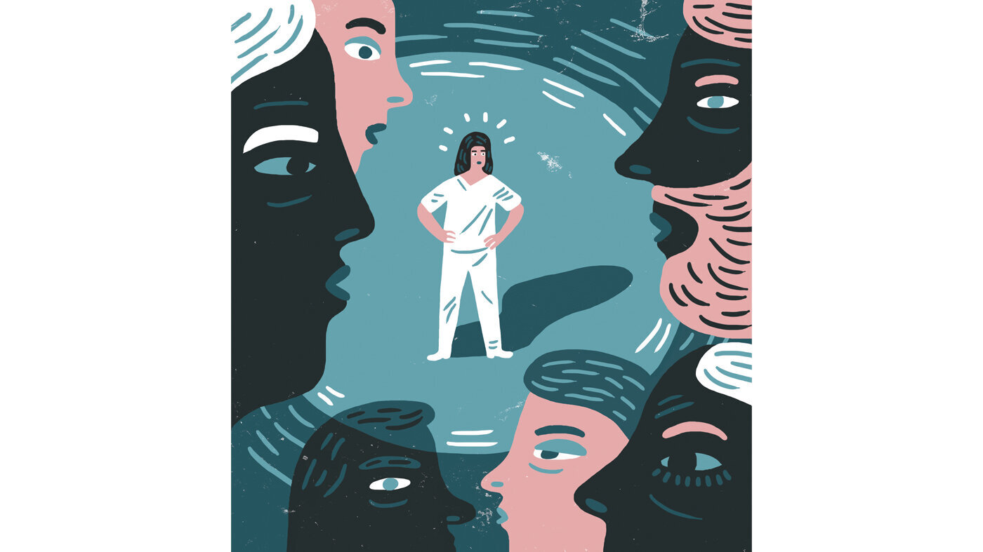 Illustrasjonen viser en sykepleier som er omringet av store ansikter