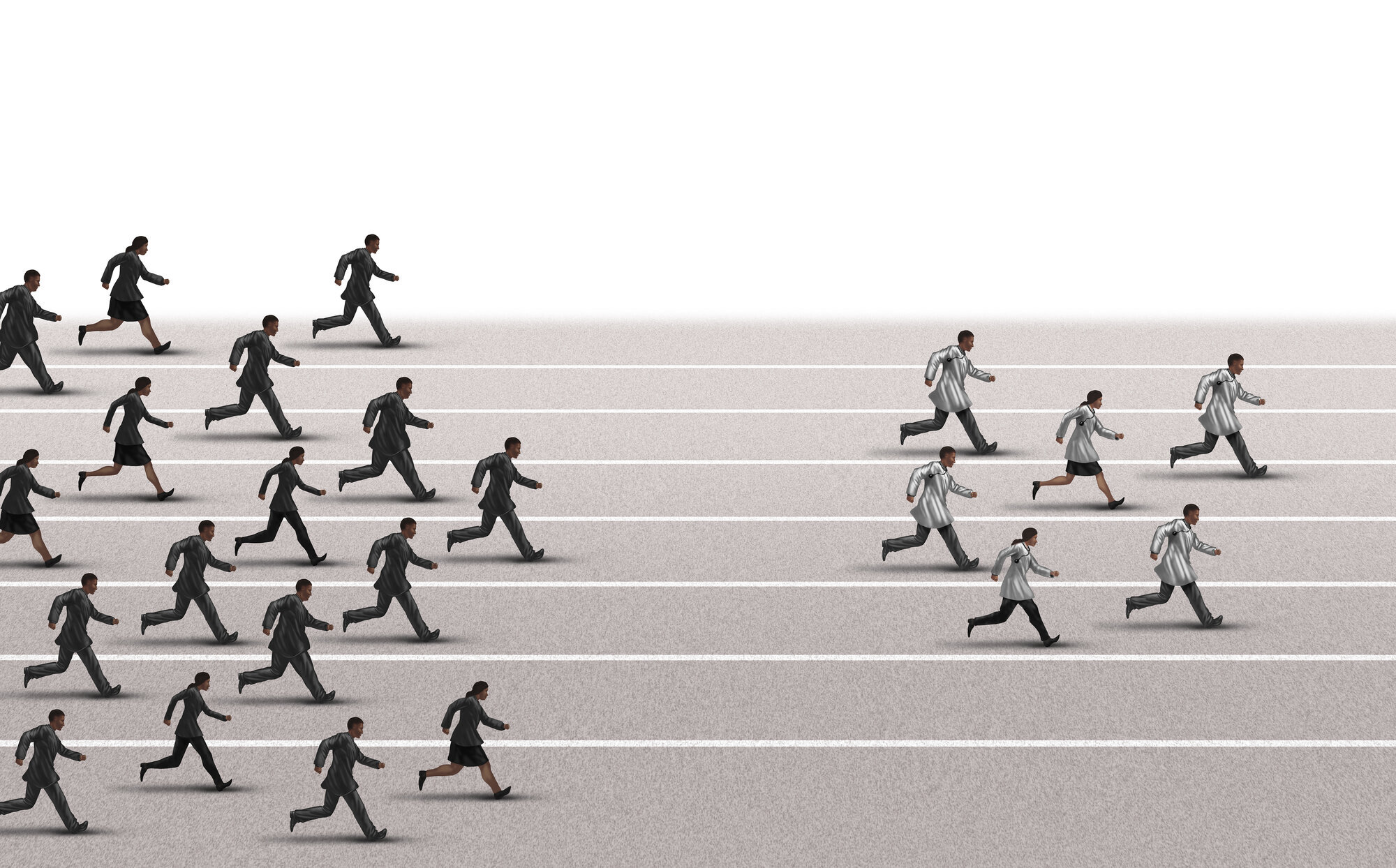 Bildet viser en tegning av mennesker som jager helsepersonell