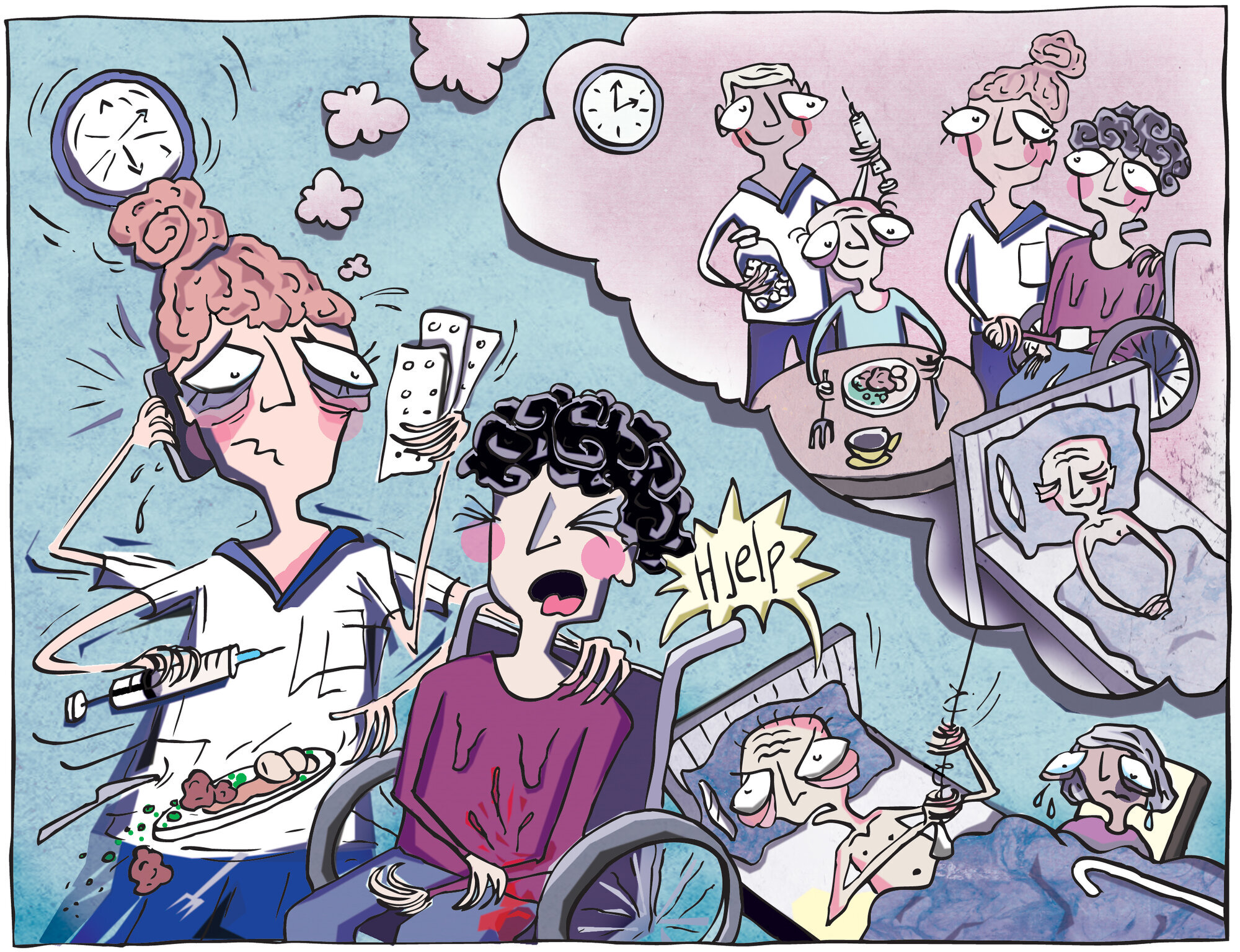 Illustrasjonen viser en sykepleier i en hektisk arbeidssituasjon som drømmer om en annerledes jobbhverdag