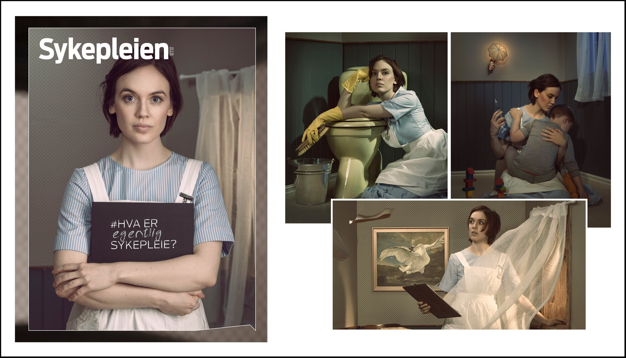 Montasjen viser forsiden av Sykepleiens temanummer #Hva er egentlig sykepleie og tre bilder fra bladet av sykepleiere