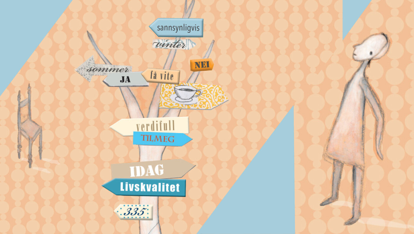 Illustrasjonen viser en person som står foran ulike skilt som peker i hver sin retning