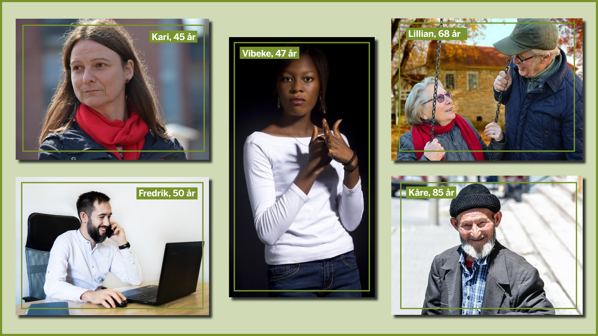 Bildet viser en montasje med flere fiktive personer: personaer