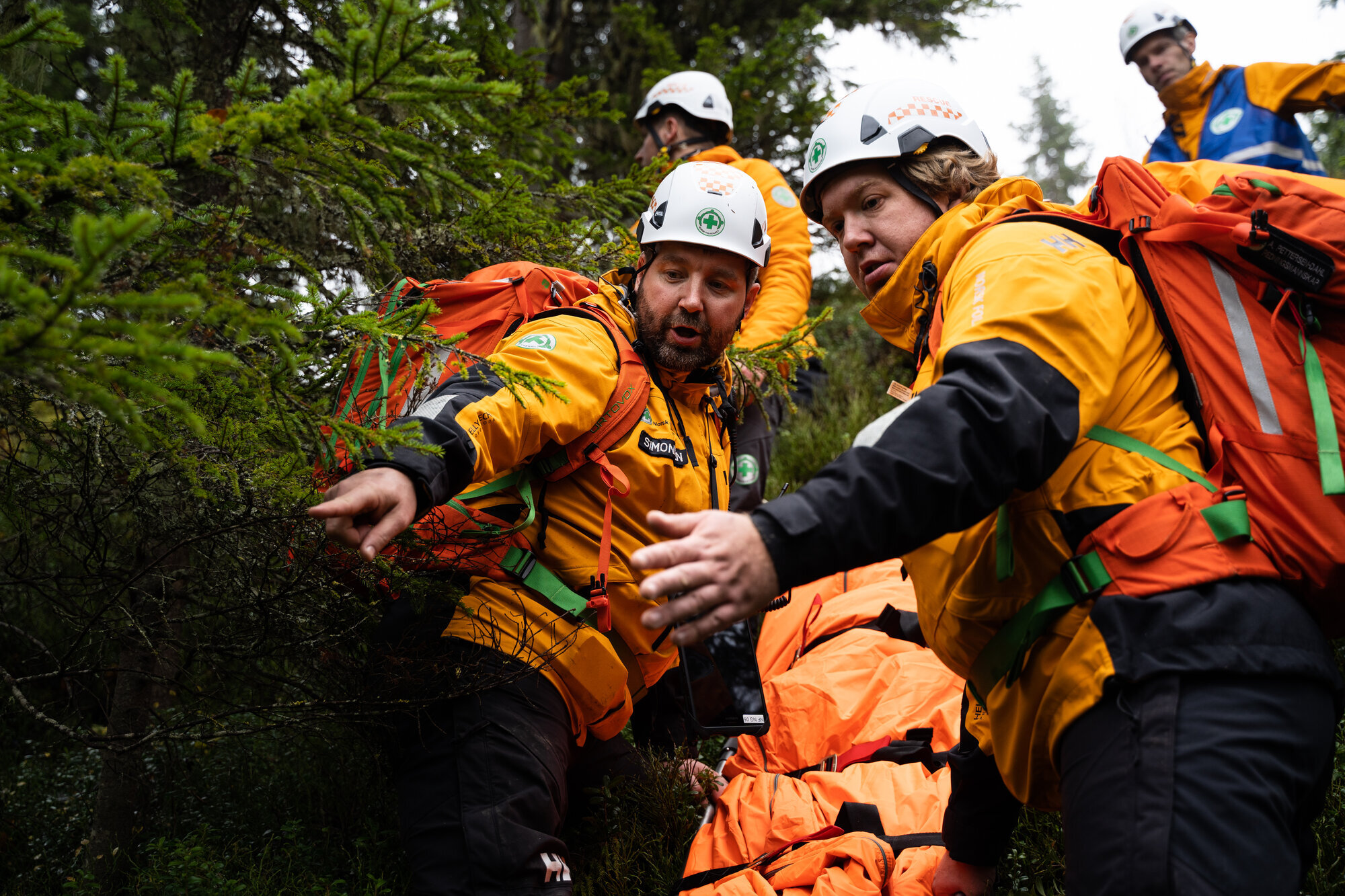 Bildet viser frivillige fra Norsk Folkehjelp som er ute på leteoppdrag i skogen
