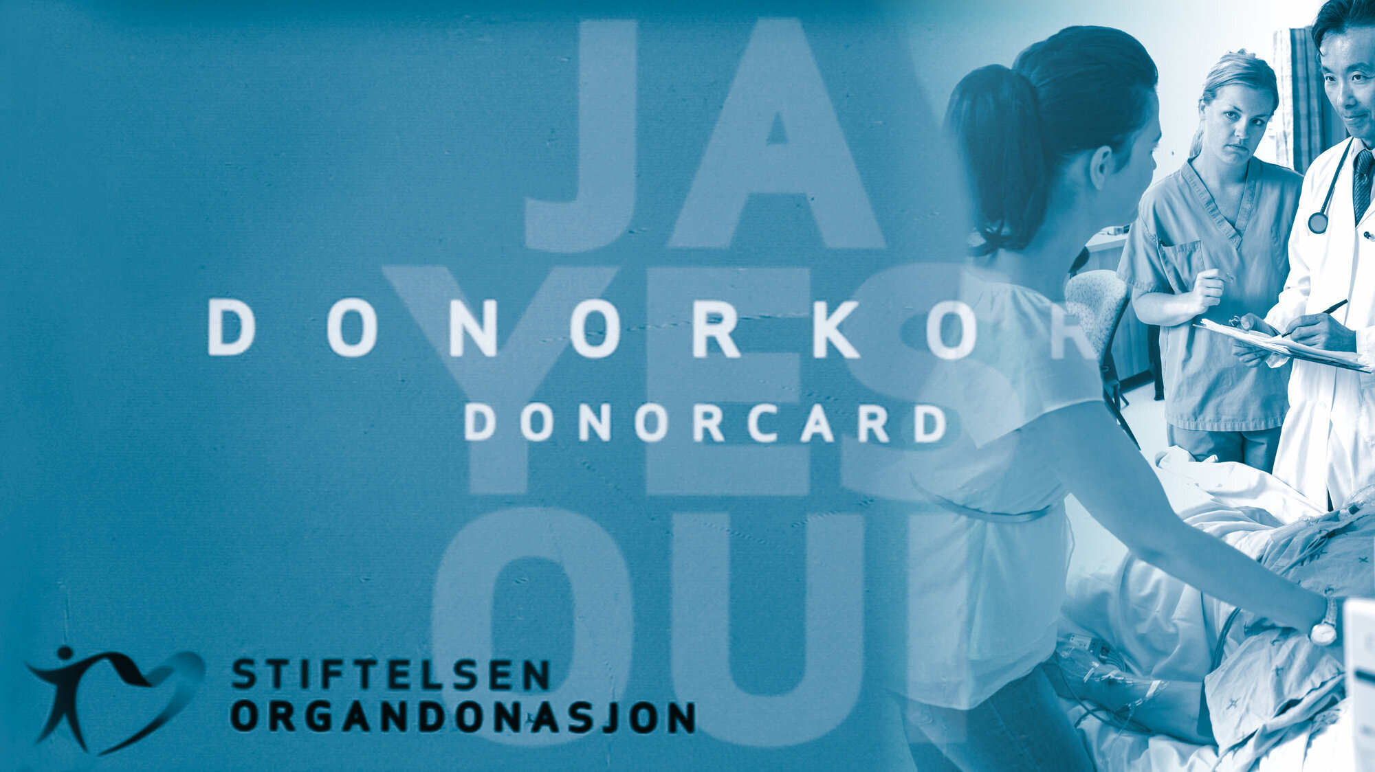 The montage shows an organ donor card. To the right you can see a doctor, a nurse and a family member standing by the bed of the patient