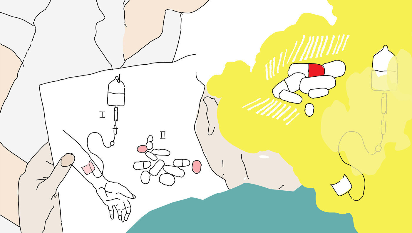 Illustrasjonen viser en pasient som holder et skjema med bilde av tabletter, blodoverføringspose osv., og så ses de samme illustrasjonene på toppen av hodet, som en slags tenkeboble