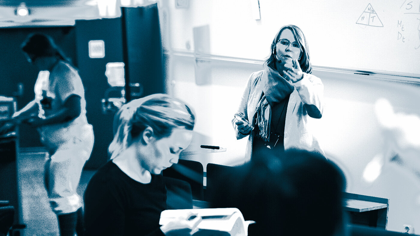 The photo montage shows a nurse in uniform standing at a desk, preoccupied with something. A young woman is reading a book, and a grown up woman is lecturing