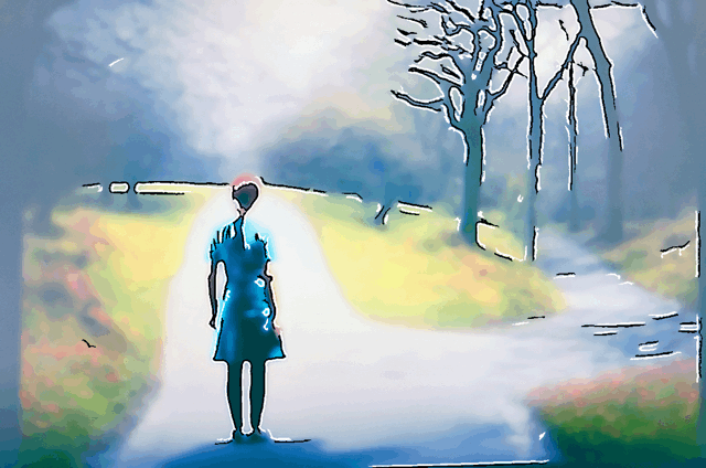 Bildet viser en ung kvinne som står foran et veivalg