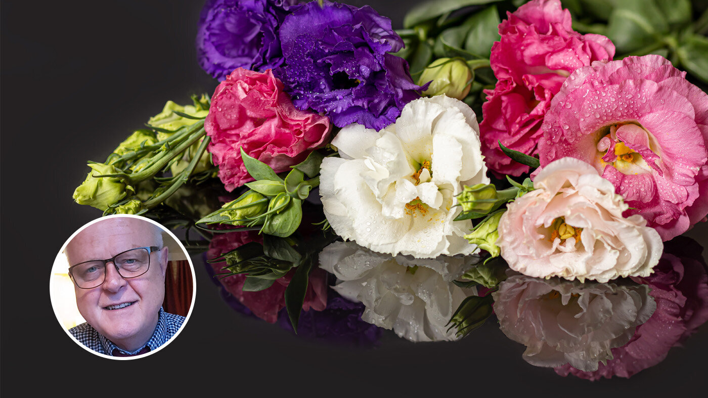 Montasjen viser innleggsforfatter Birger Solvang og en bukett med blomster.