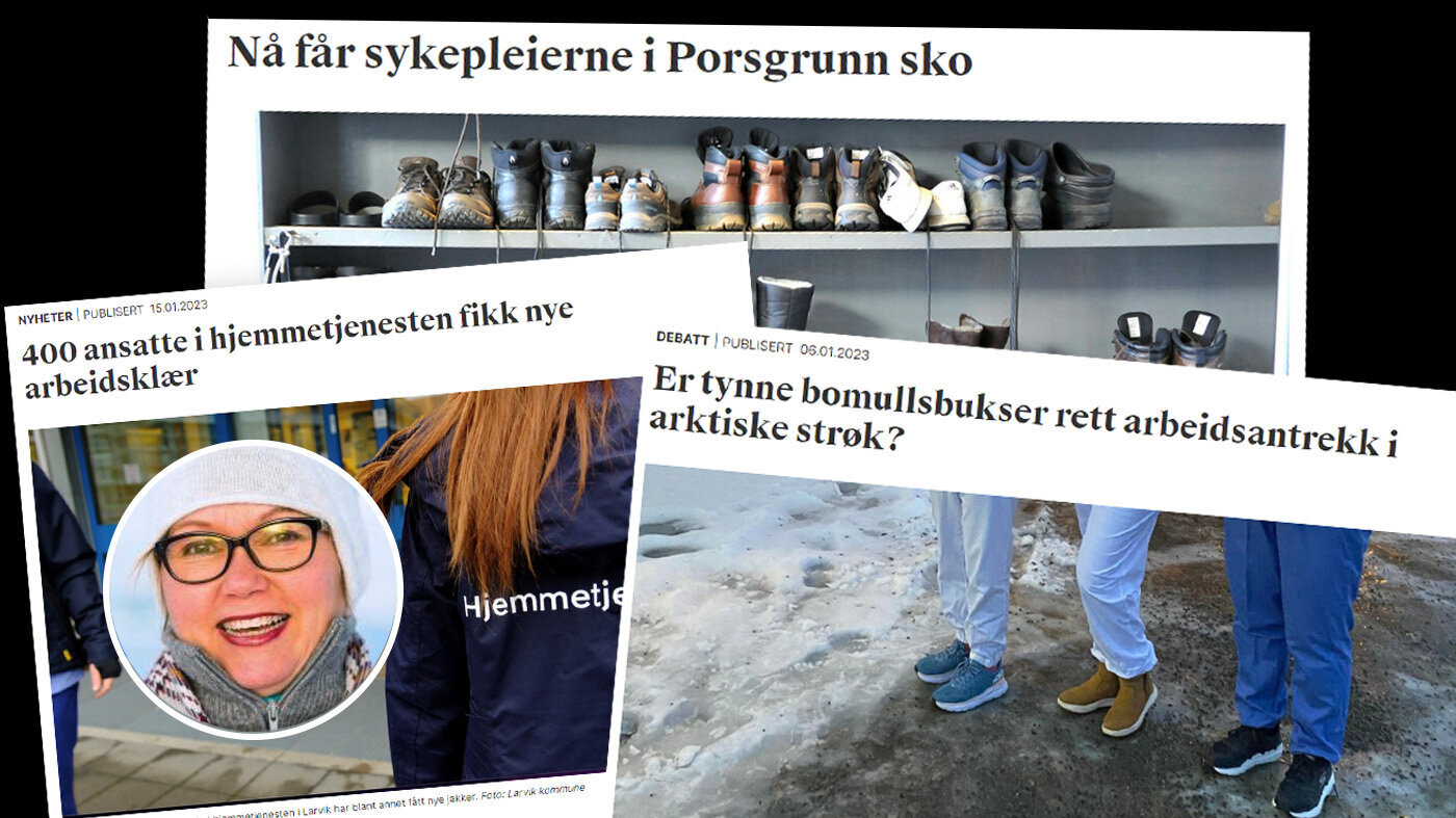 Montasjen viser faksimiler fra saker skrevet om arbeidstøy for sykepleiere.