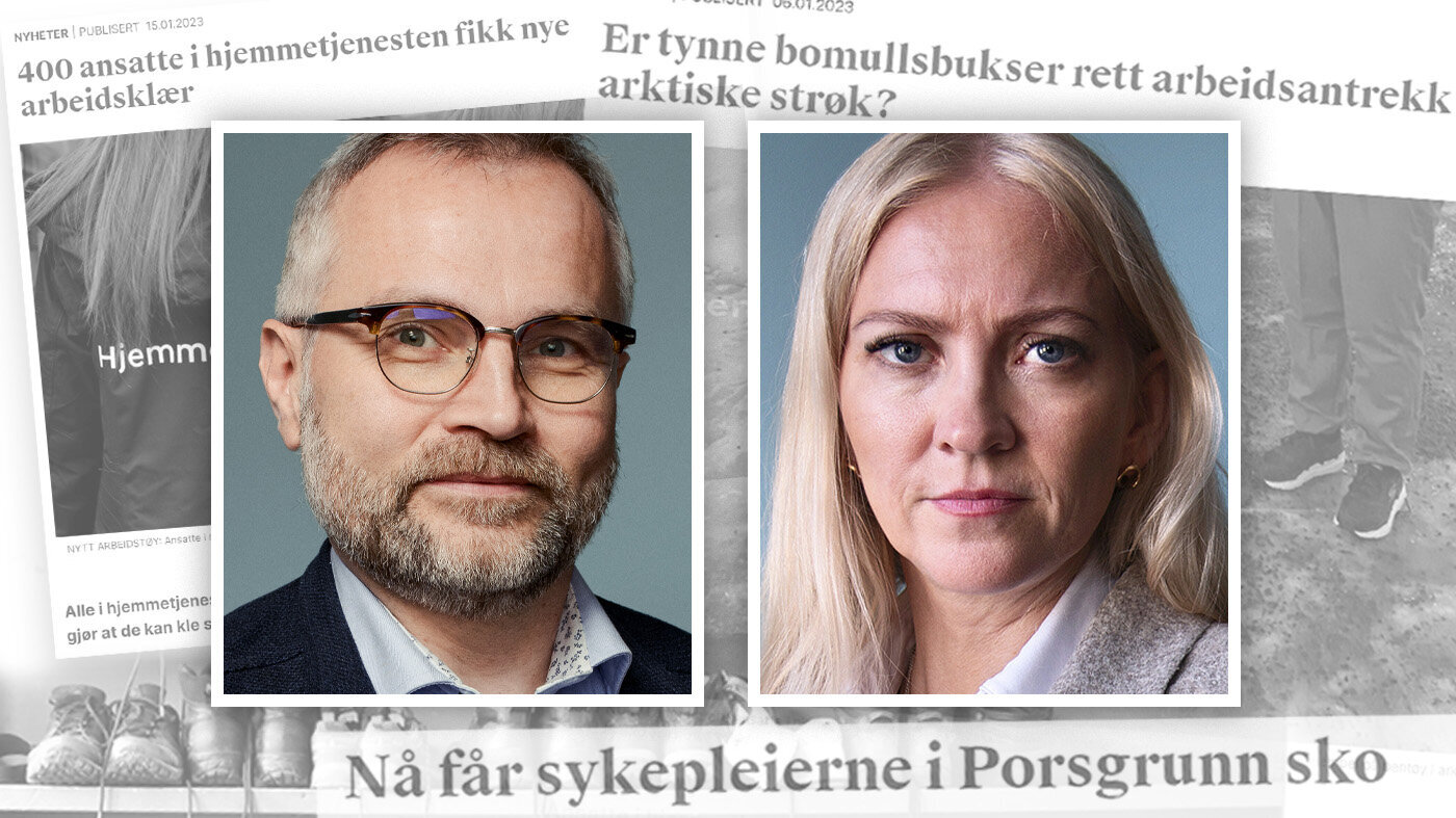 Bildet viser Lill og Vikleik i en collage av tidligere overskrifter om arbeidstøy