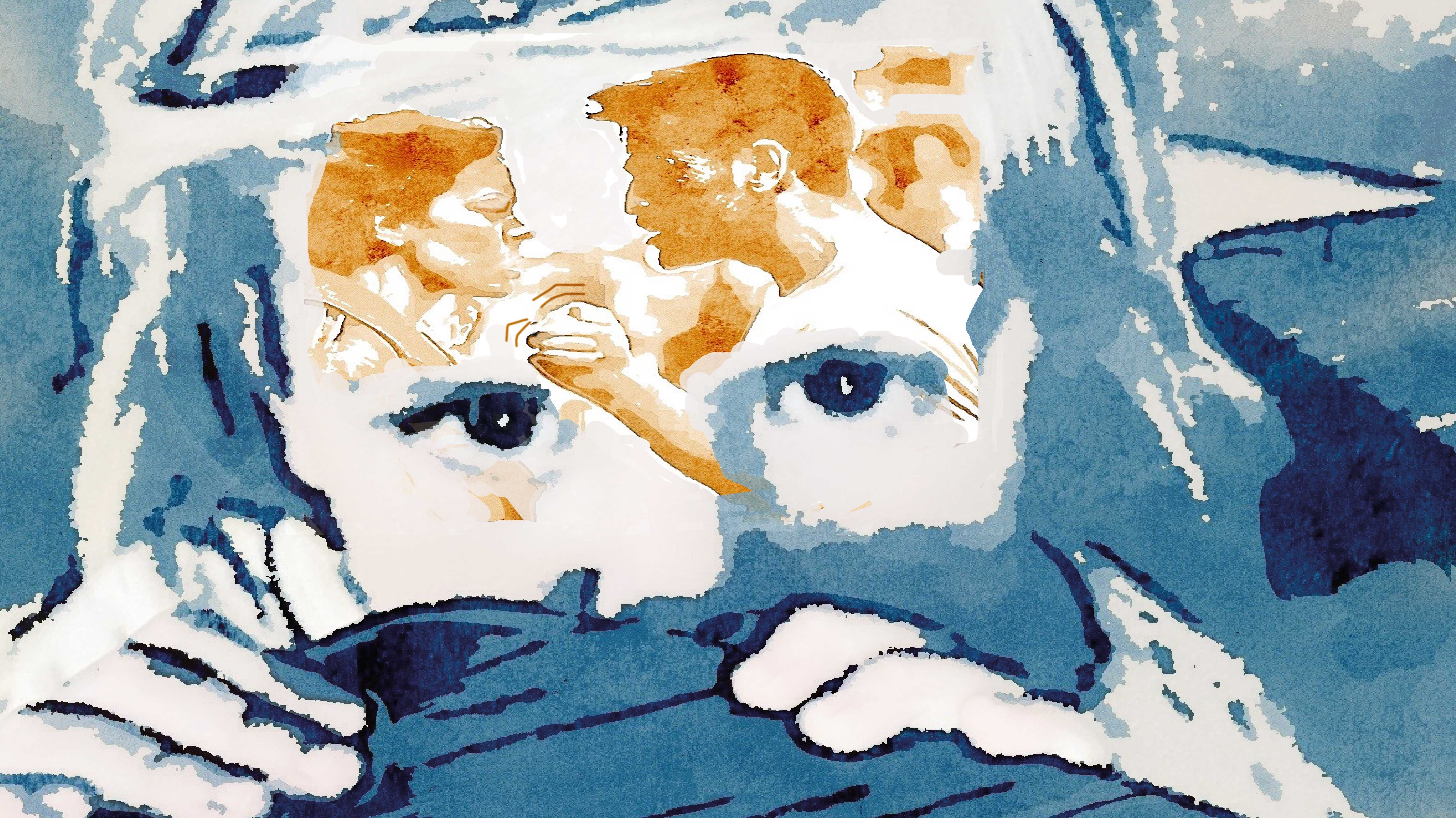 Illustrasjonen viser et barn med redde øyne som har trukket dynen opp foran nesen. I pannen vises et "avtrykk" av to foreldre som krangler, og mannen som hytter faretruende med neven