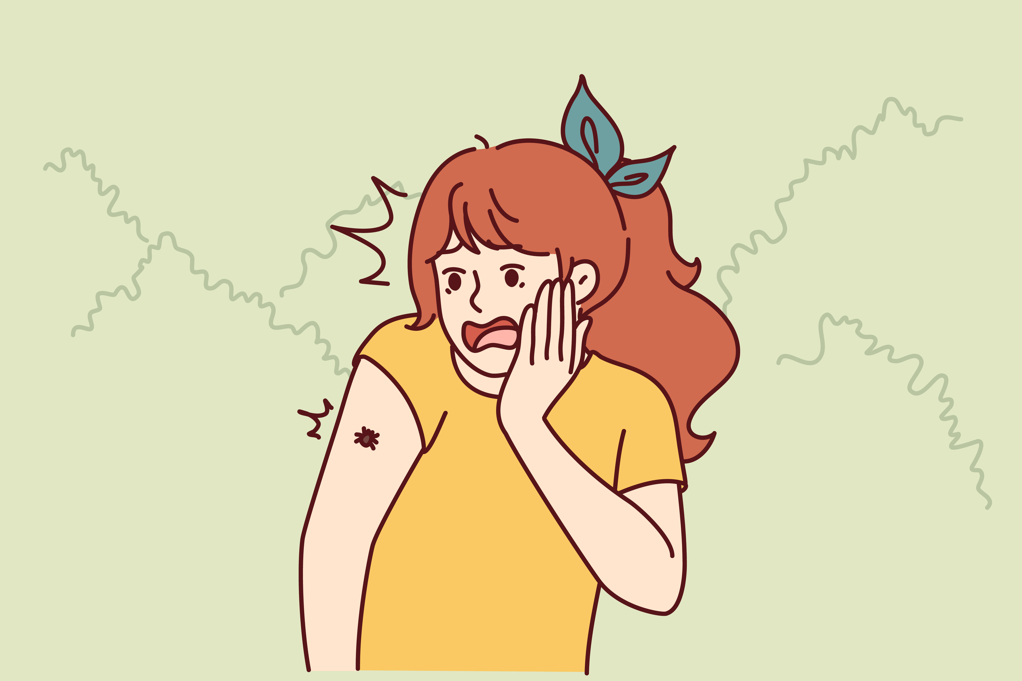 Illustrasjonen viser en jente med et insekt på armen.