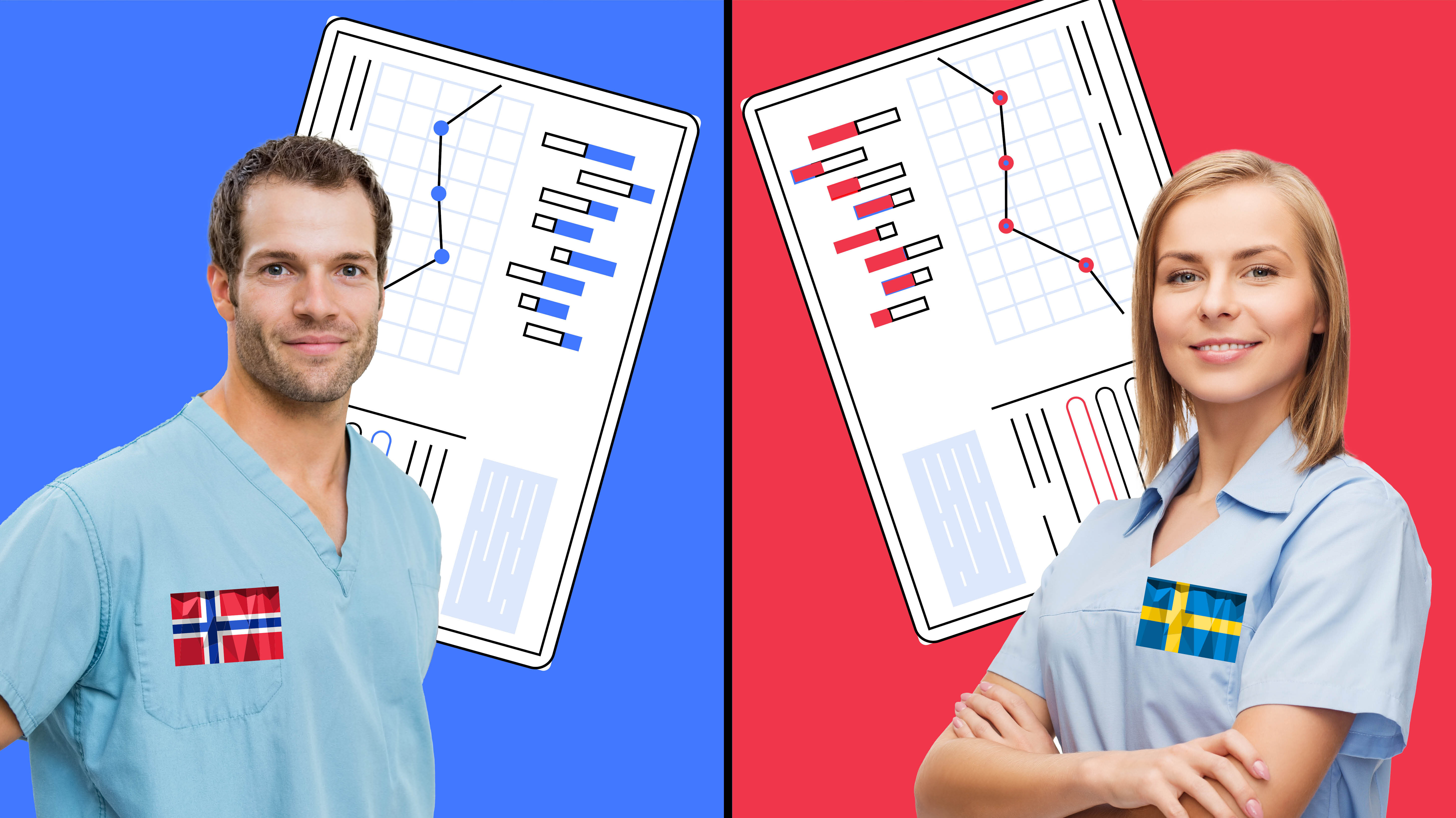 Illustrasjonen viser en mannlig sykepleier med et norsk flagg på brystet på sykepleieruniformen. Vendt mot ham står en dame med et svensk flagg på brystet. Mellom dem i bakgrunnen er to skjemaer