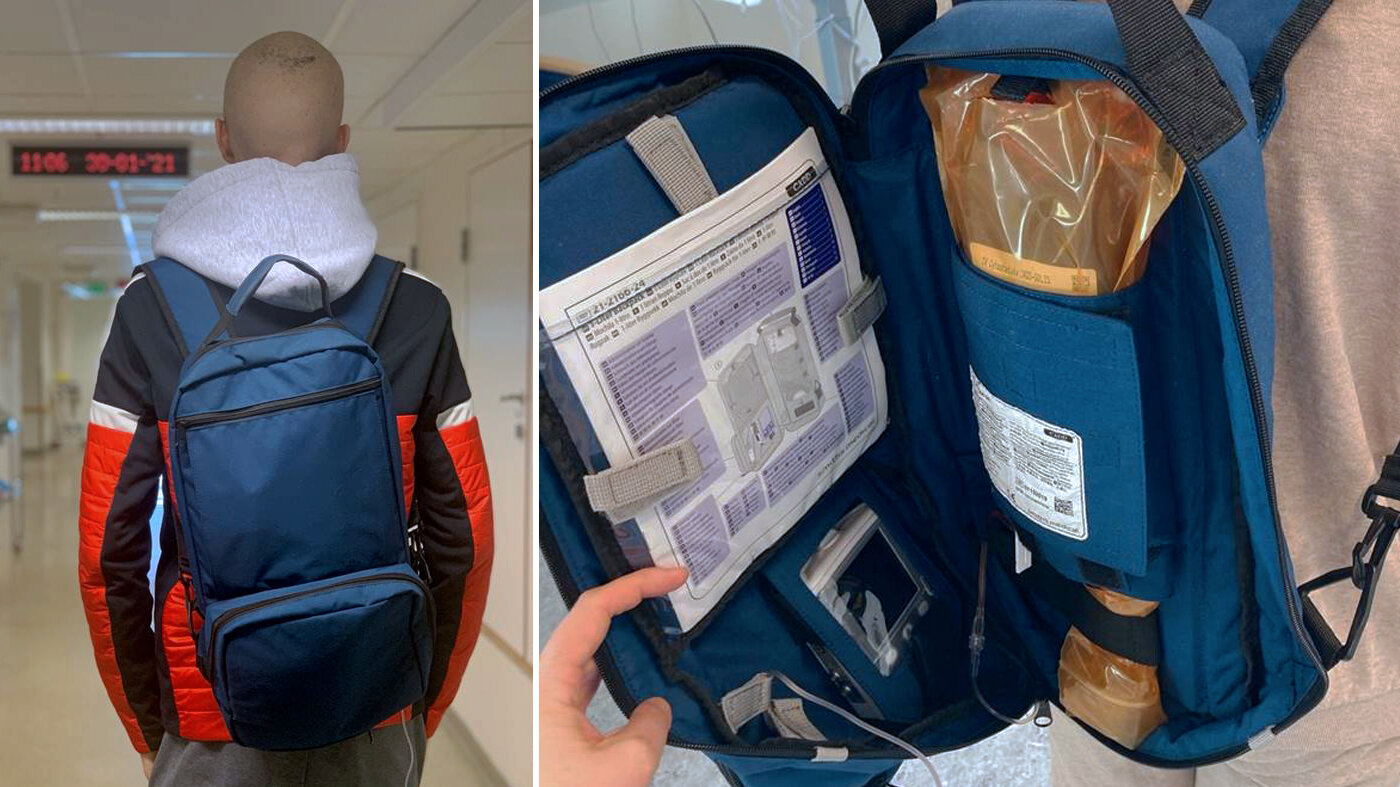 The first photo shows a young man seen from behind with a backpack on. At the second photo the backpack can be seen open, containing home-based chemotherapy equipment.