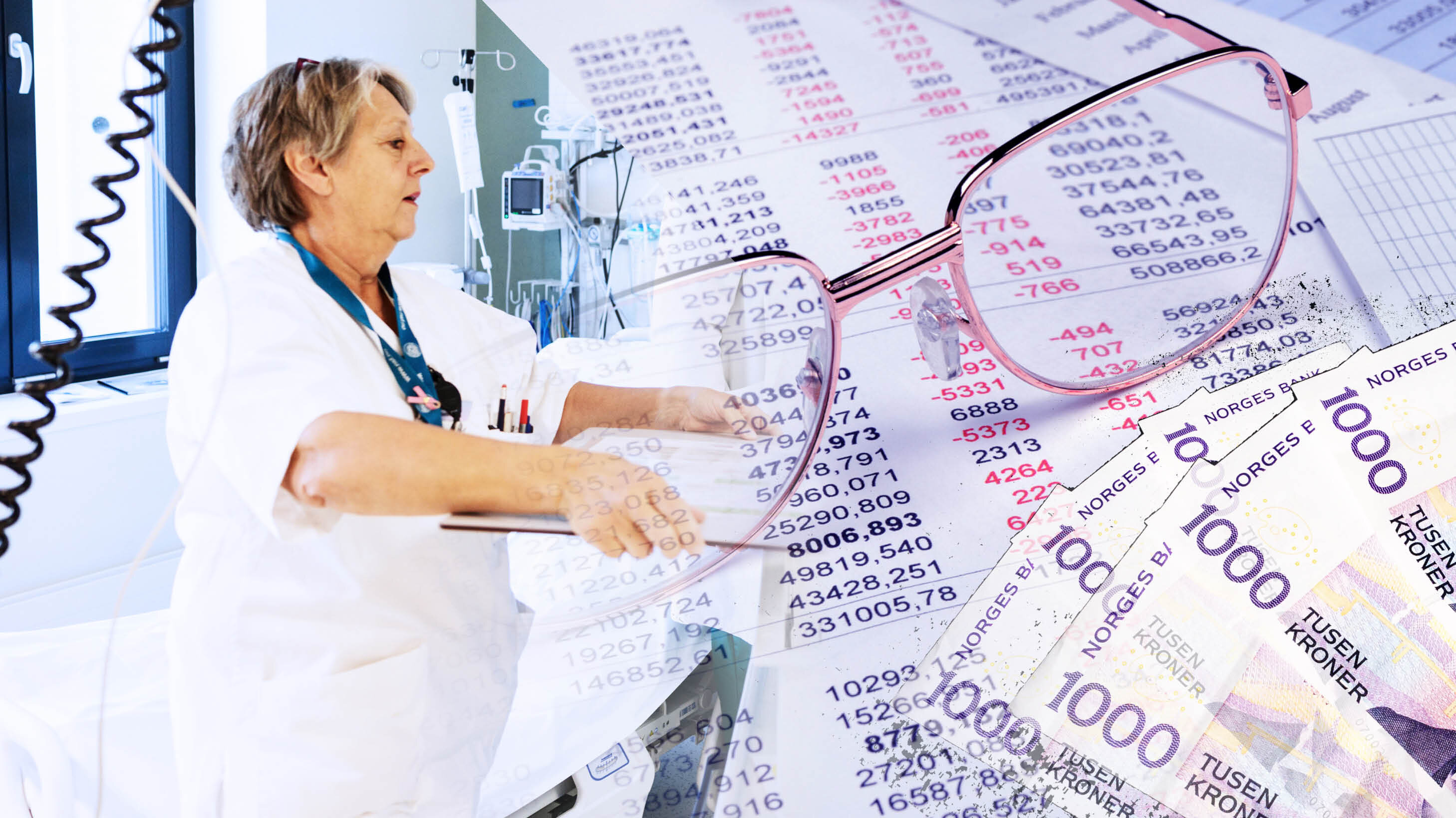 Bildet viser en illustrasjon satt sammen av en sykepleier, oversikt over tall, tusenlapper og briller