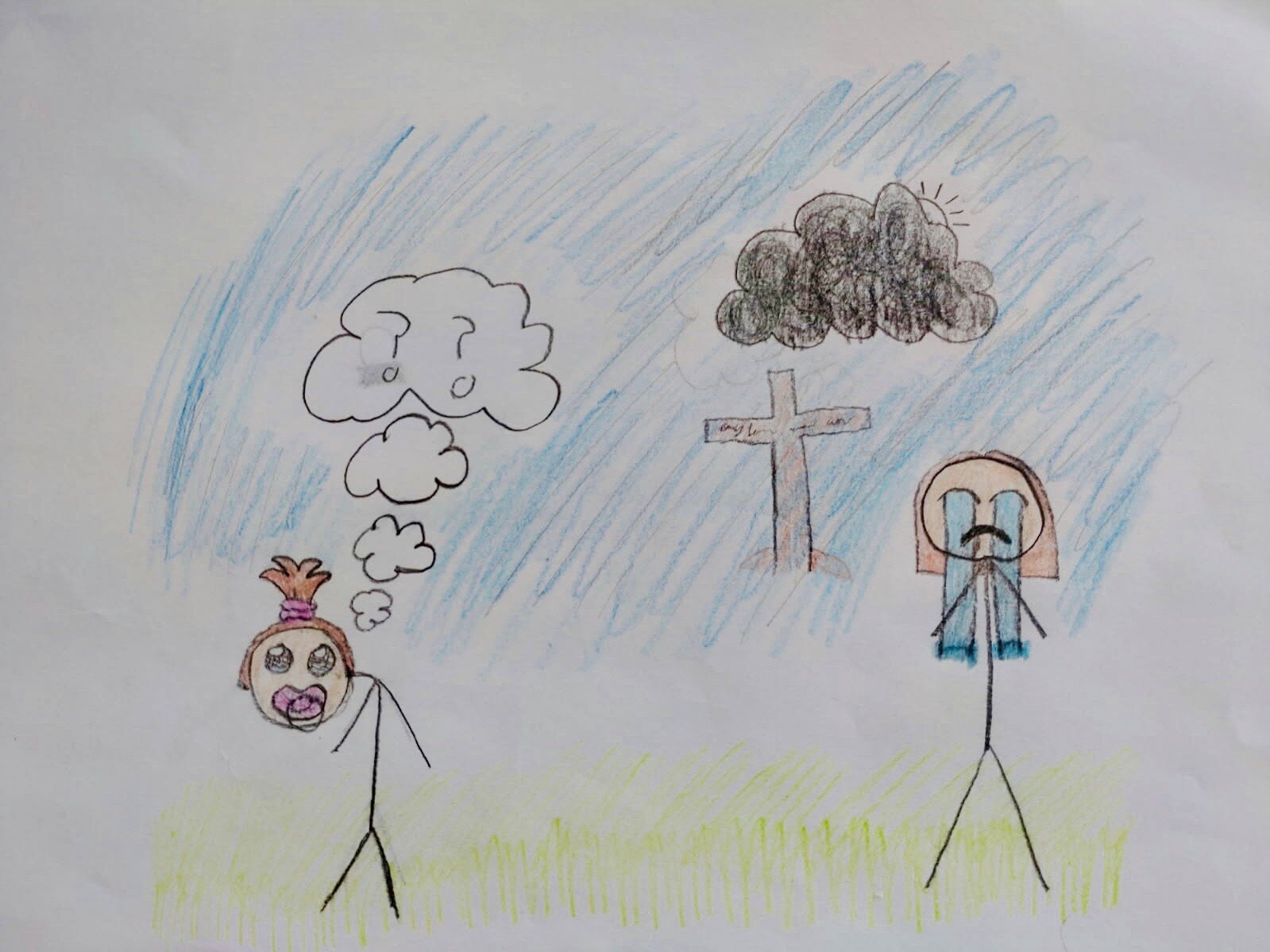 Illustrasjonen viser en barnetegning med sorg som tema