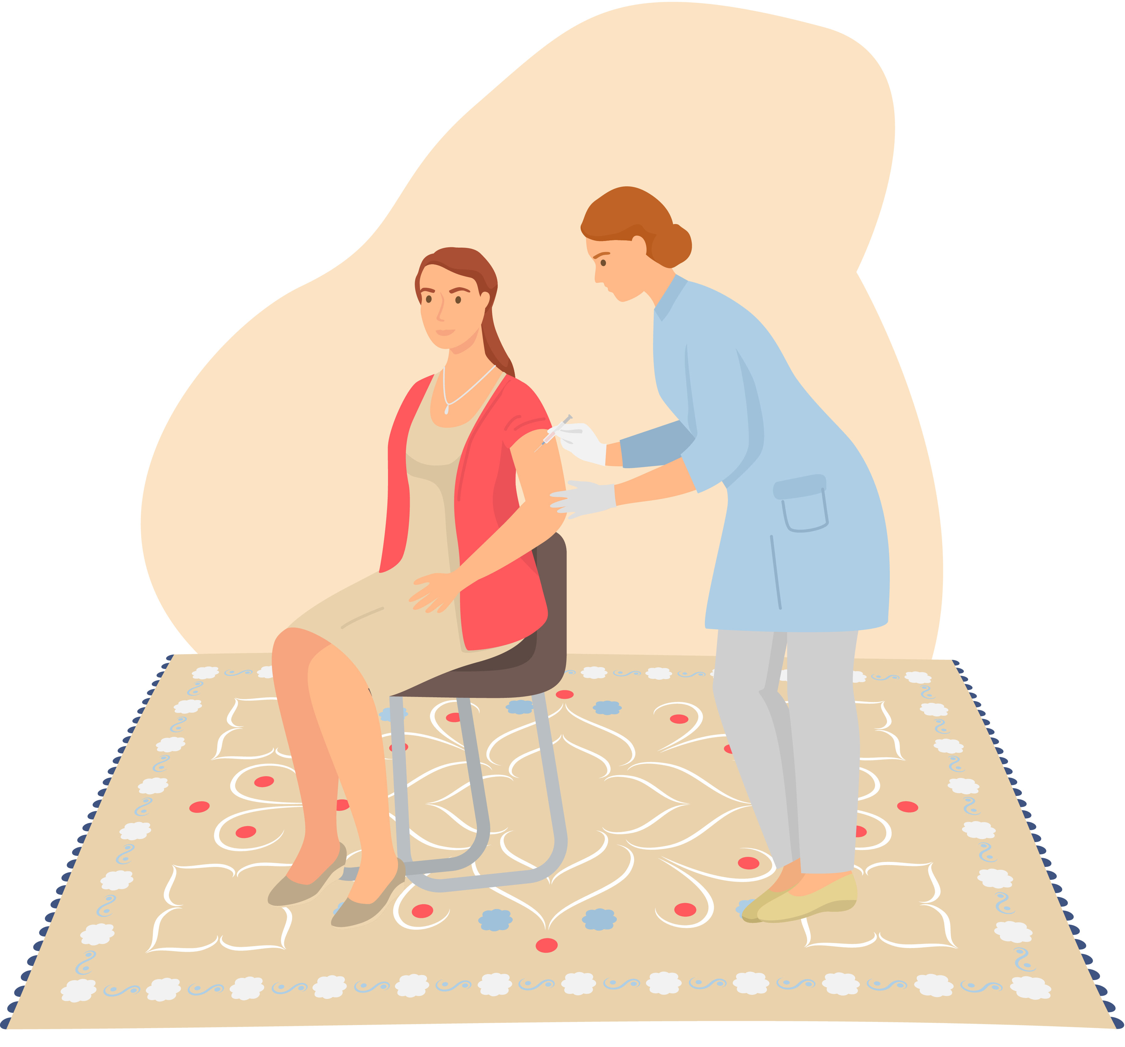 Illustrasjonen viser en sykepleier som setter vaksine i armen på en kvinne