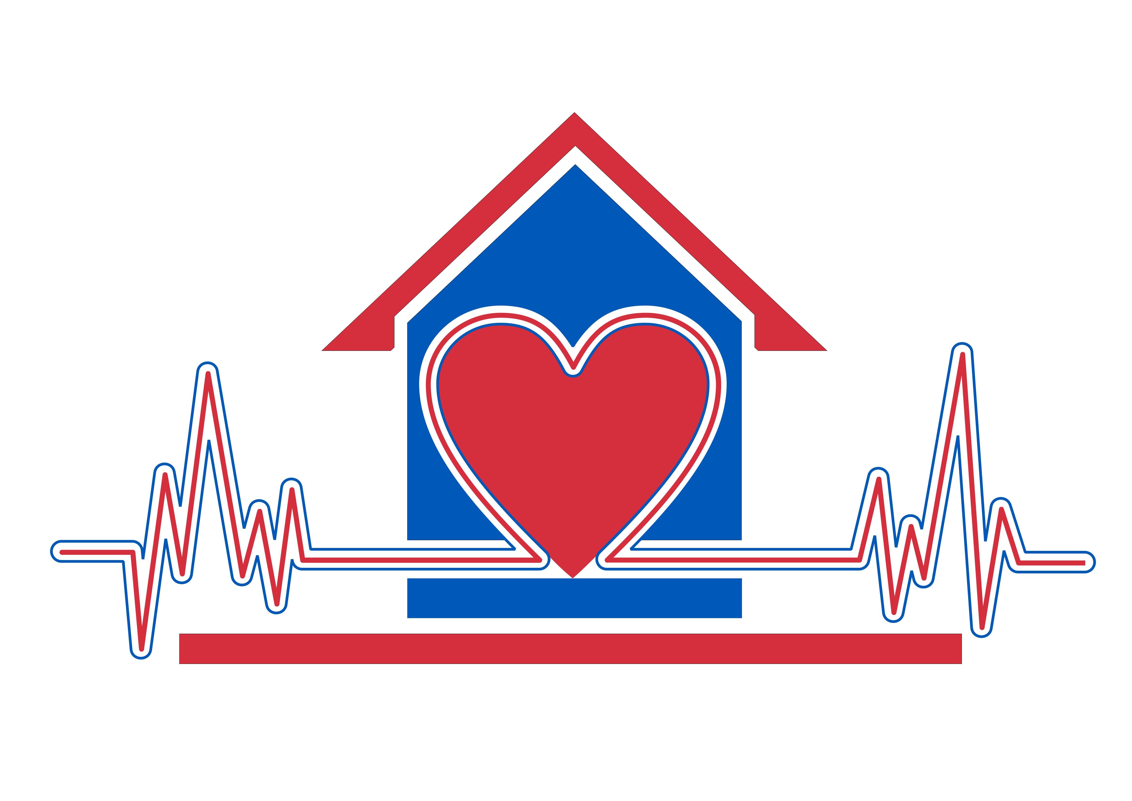 Illustrasjonen viser et hus med et hjerte foran + EKG-hjerteslag 