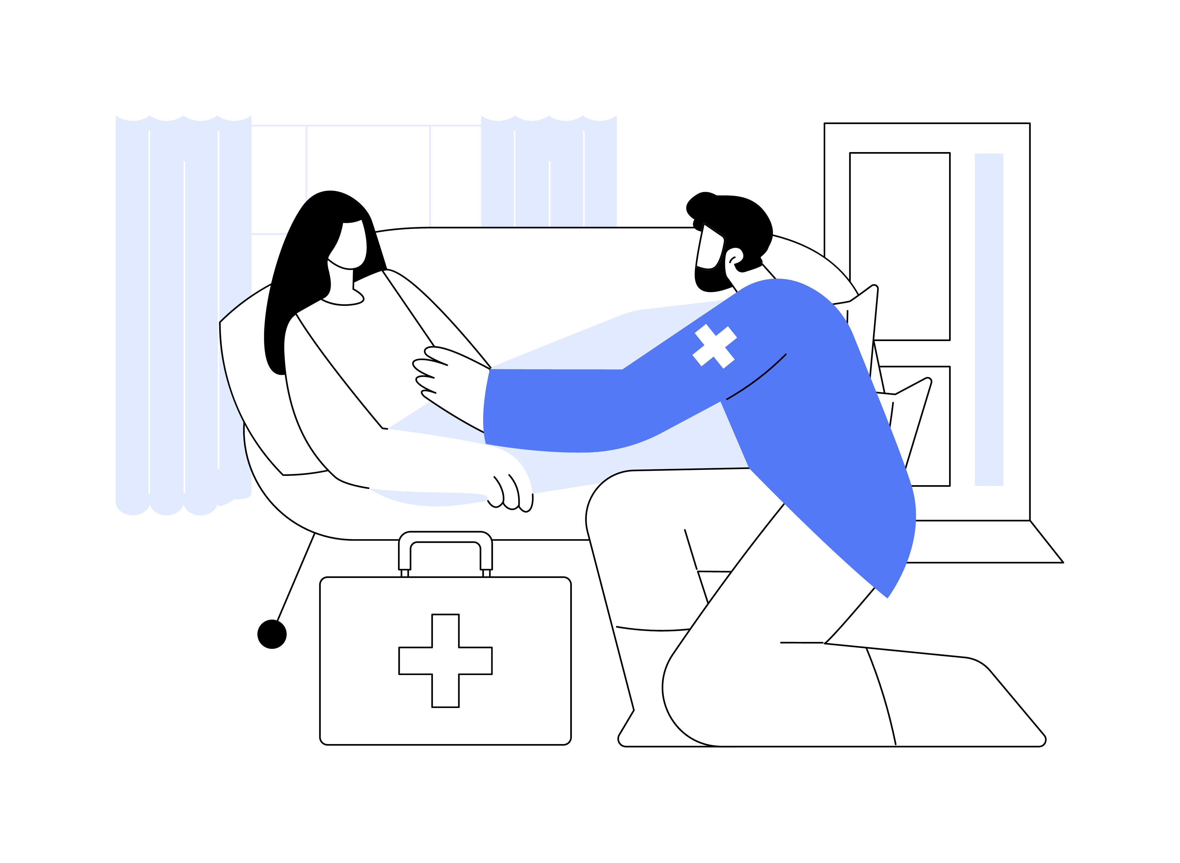 Illustrasjonen viser en pasient hjemme i senga. En sykepleier ligger på kne foran senga med en sykekoffert ved siden av seg