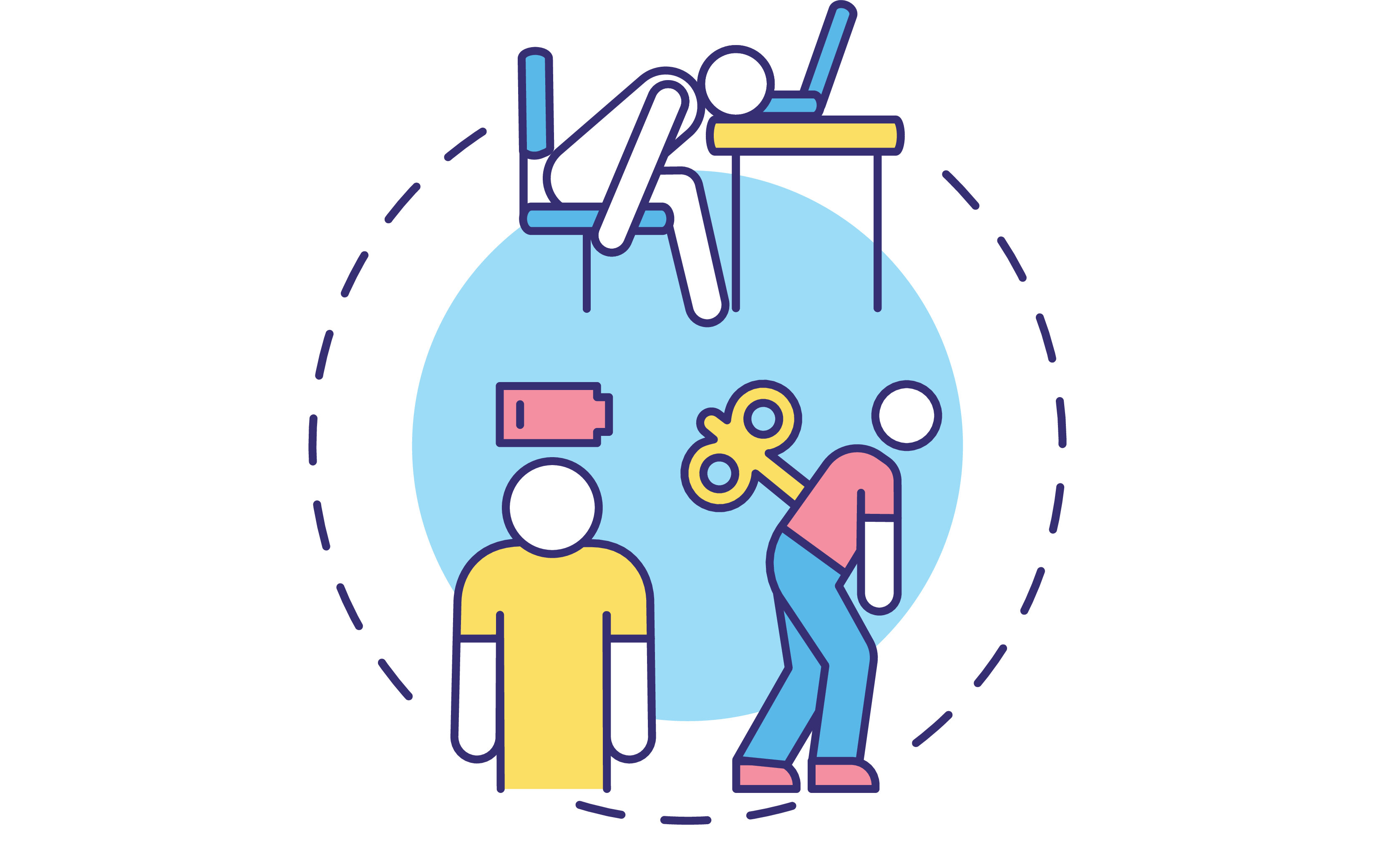 Illustrasjonen viser en som ligger med hodet på pulten og sover foran PC-en, en som har et utladet batteri over hodet, og en som har en opptrekkbar propell på ryggen