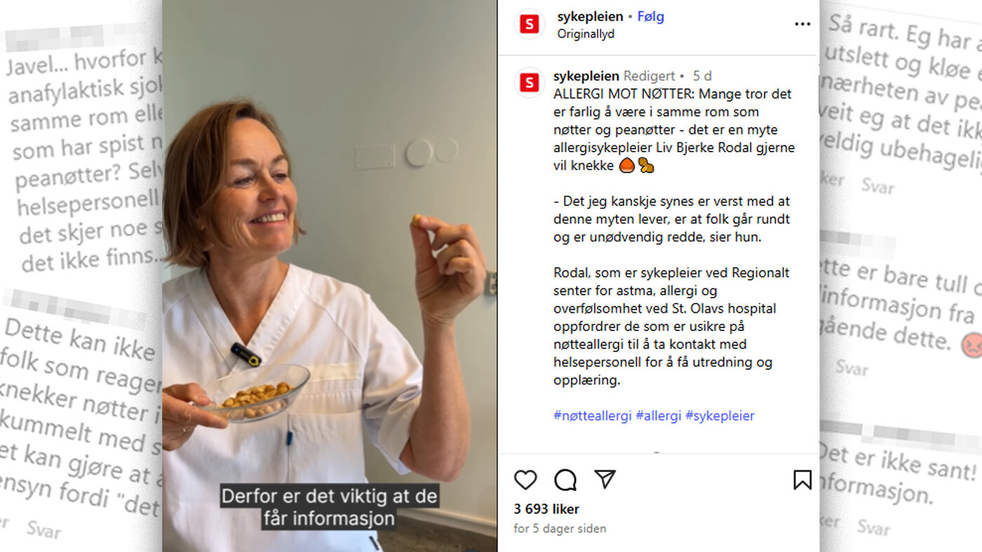 Bildet viser skjermdump fra video om nøtteallergi med kommentarer.