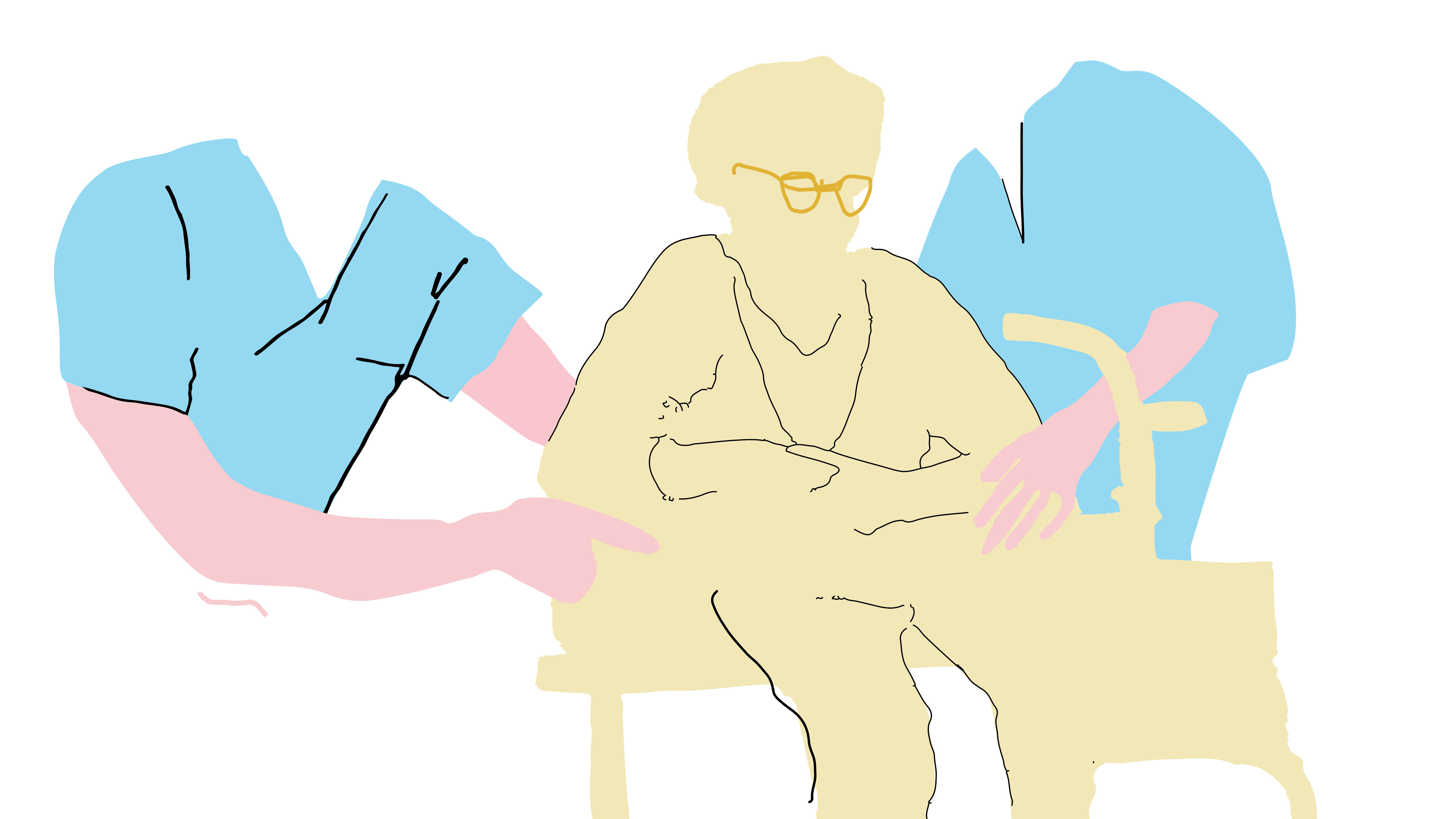 Bildet viser en eldre kvinne med to pleiere på hver side