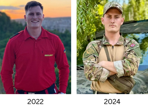 Bildet viser en norsk helsearbeider i Ukraina i 2022 og 2024