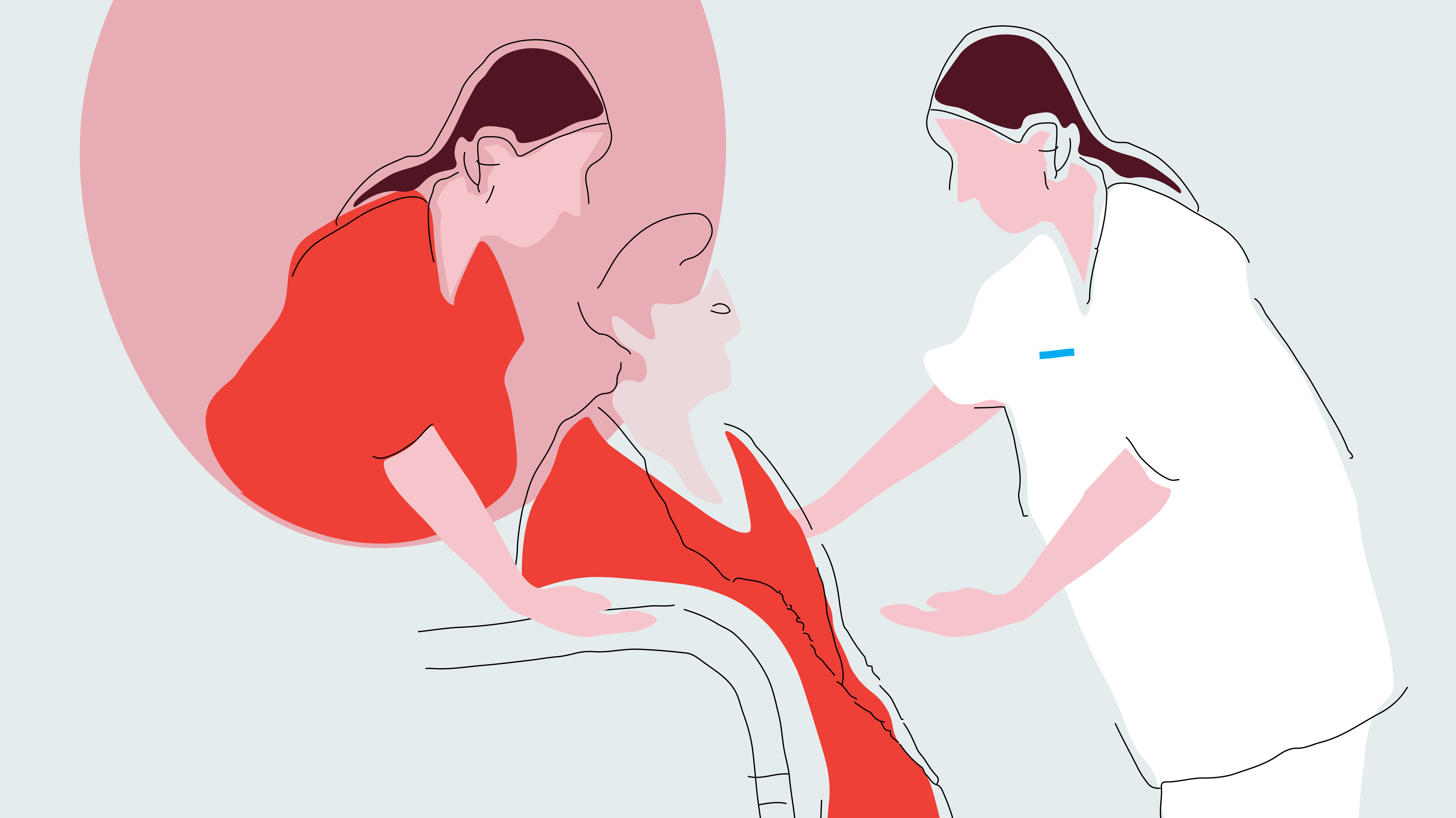 Bildet viser en illustrasjon av en sykepleier og en pårørende som gir omsorg til en pasient