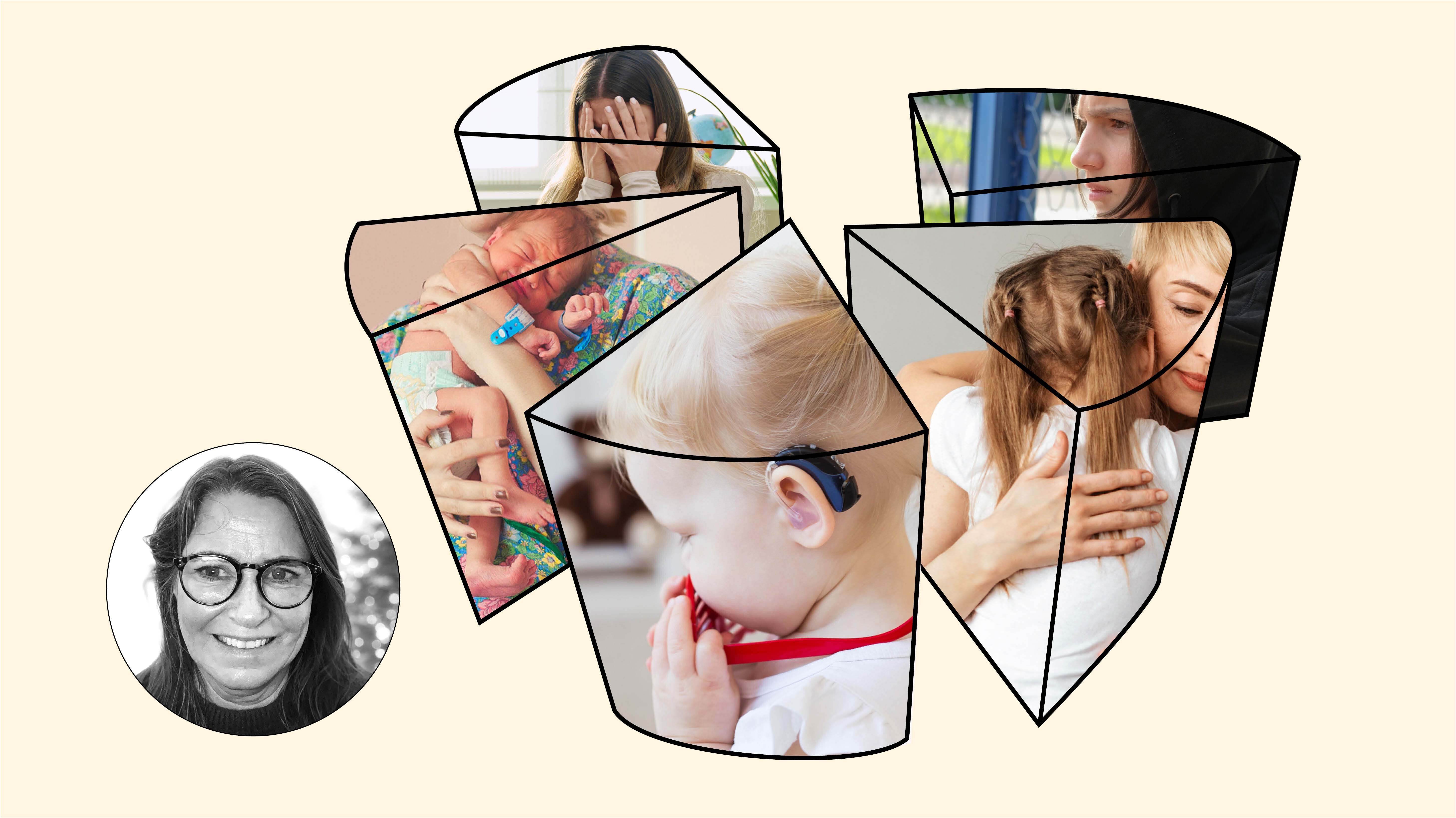 Bildet viser et kakediagram med bilder av ulike pasientgrupper