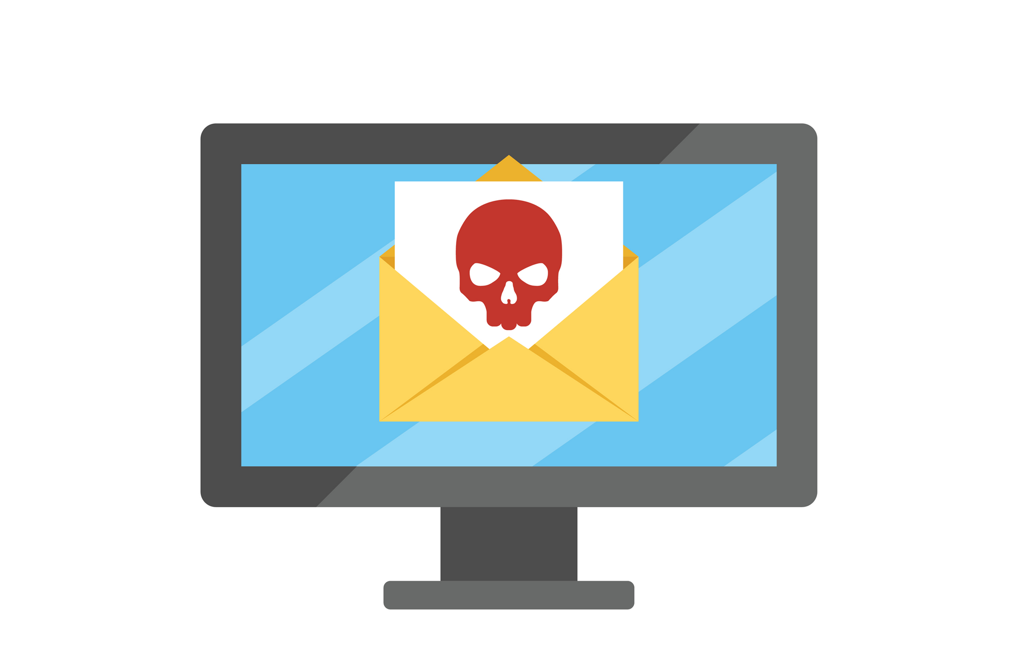 Illustrasjonen viser en PC-skjern med en konvolutt på, der et brev stikker opp med et dødninghode på.