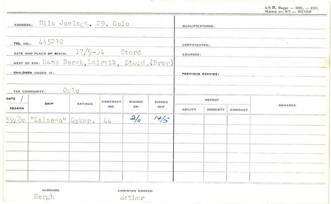 Bilde av Esther Berghs mannskapskort