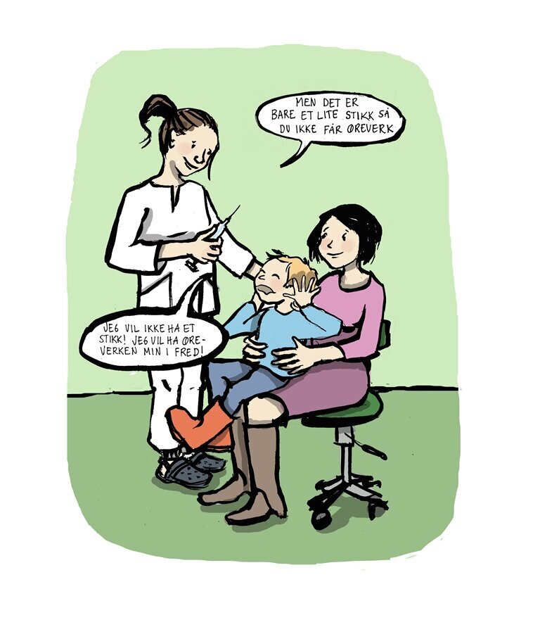 Tegning av en sykepleier som skal gi influensavaksine til en liten gutt