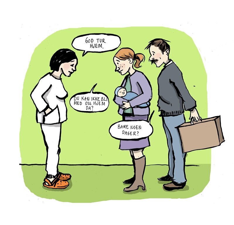 Tegning av jordmor som tar avskjed med nybakte foreldre som skal hjem fra sykehuset