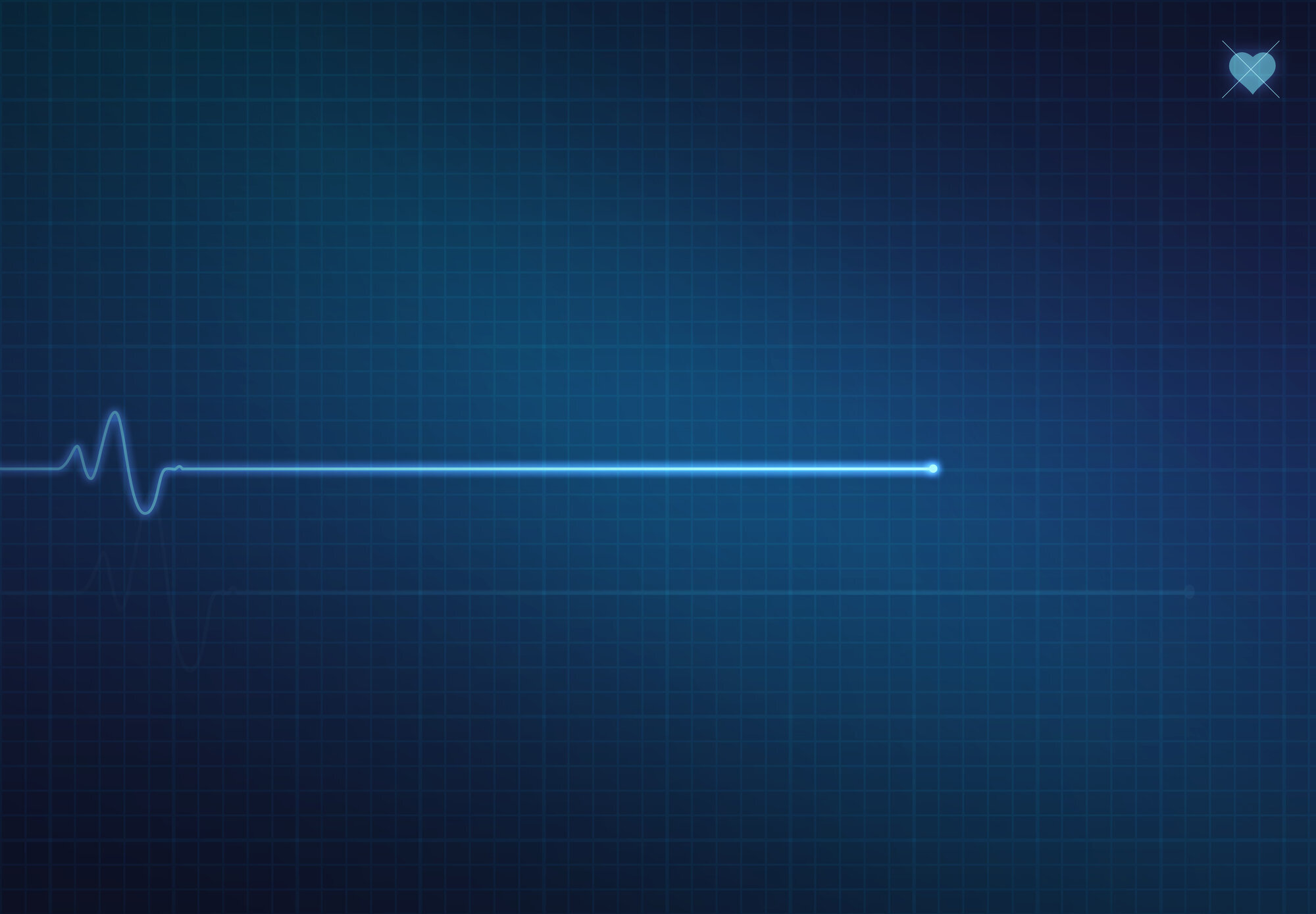 EKG-monitor med en rett strek som symboliserer ingen hjerteaktivitet, med blå bakgrunn og et hjertesymbol oppe til høyre med et kryss over.