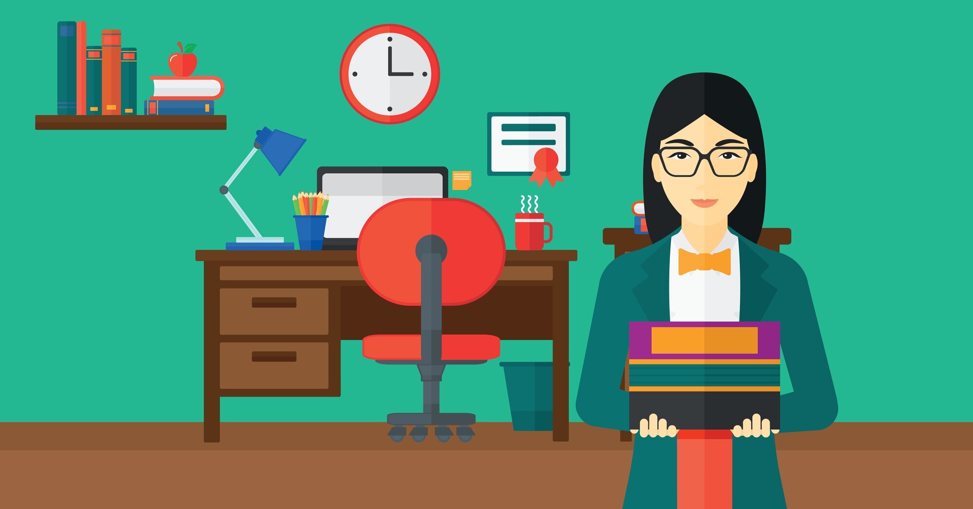 Illustrasjonen viser en kvinne som holder en stabel bøker foran en pult med kontorutstyr.