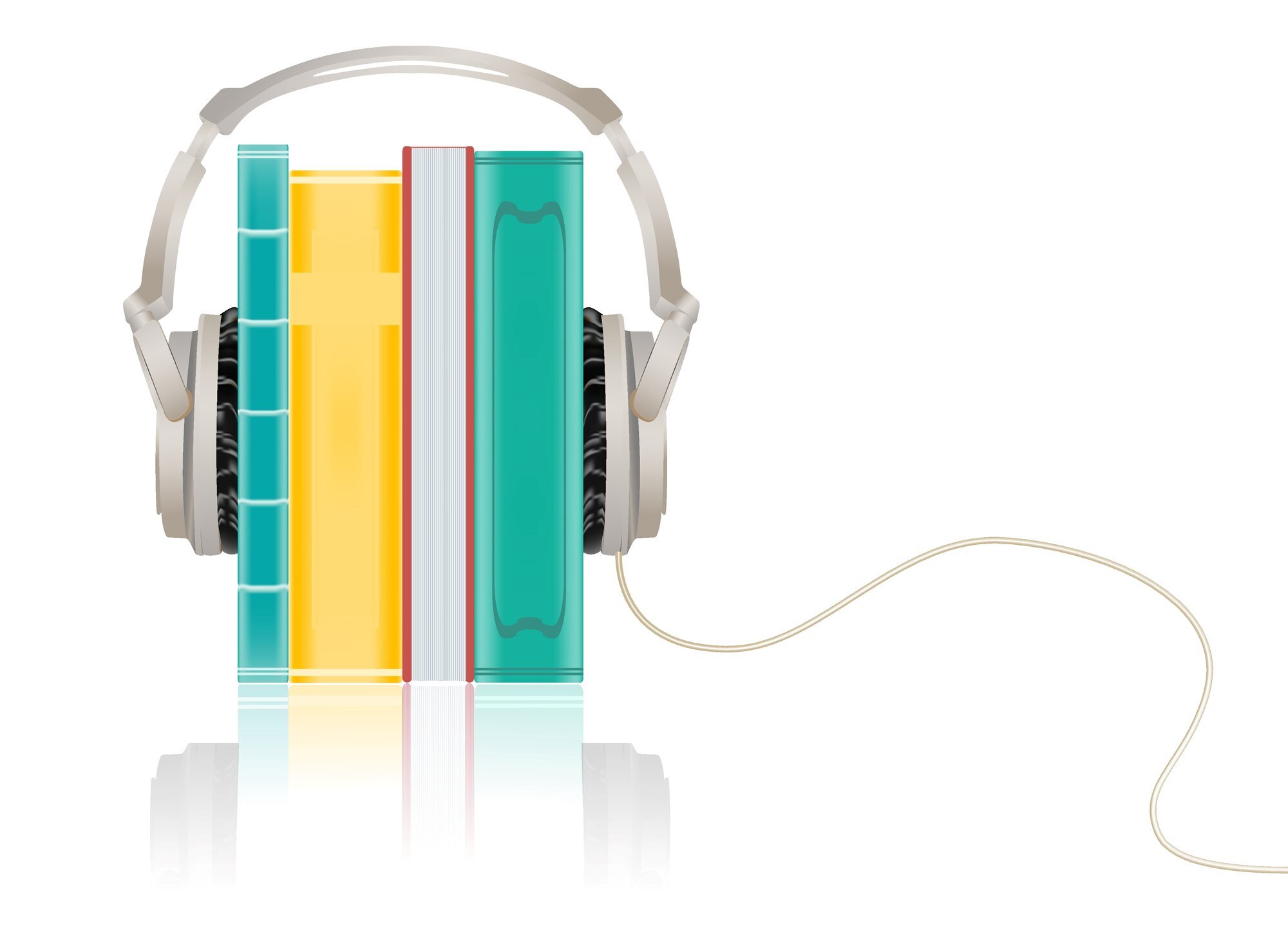 Illustrasjonen viser bøker med høretelefoner på seg.