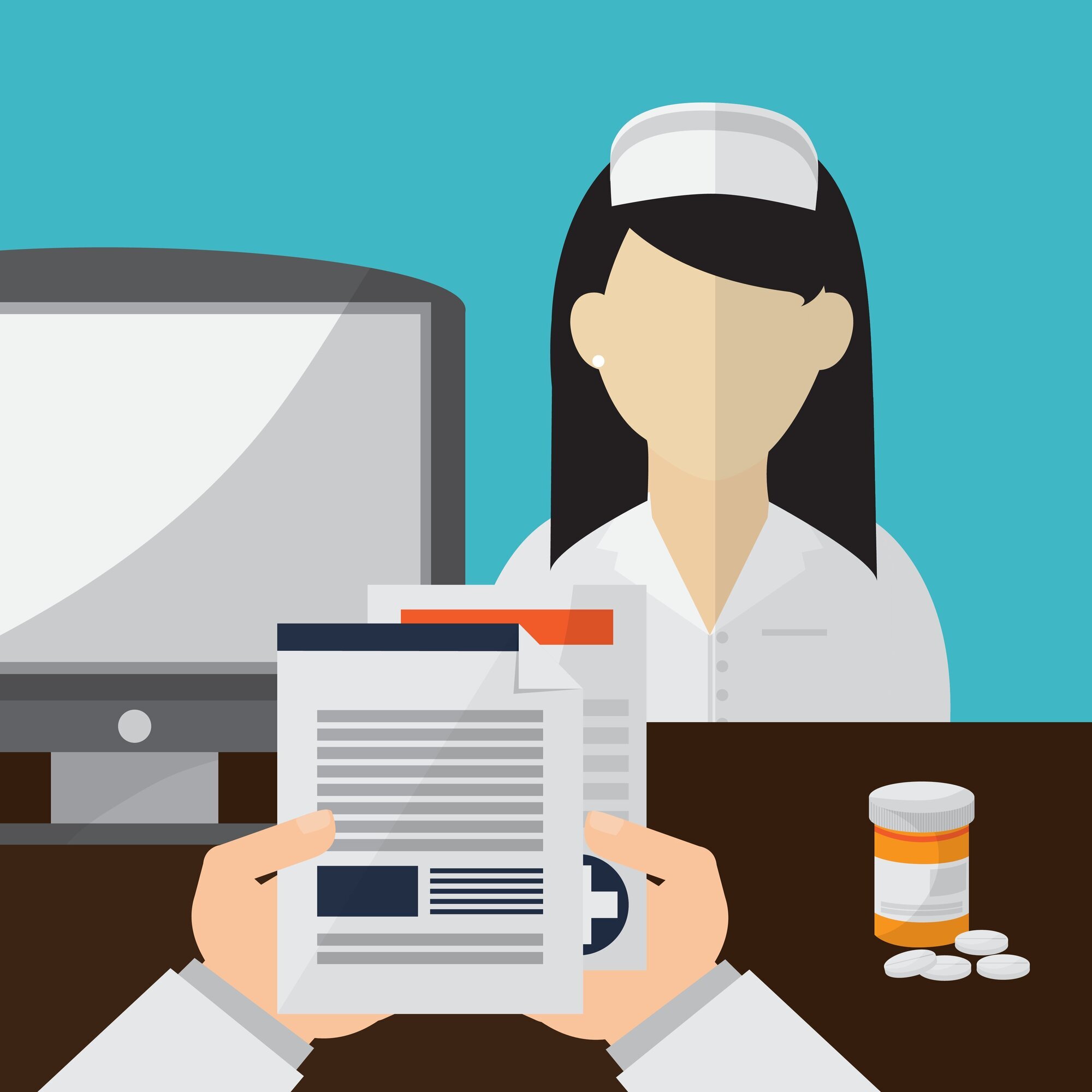 Illustrasjonen viser en sykepleier, en datamaskin og papirer.