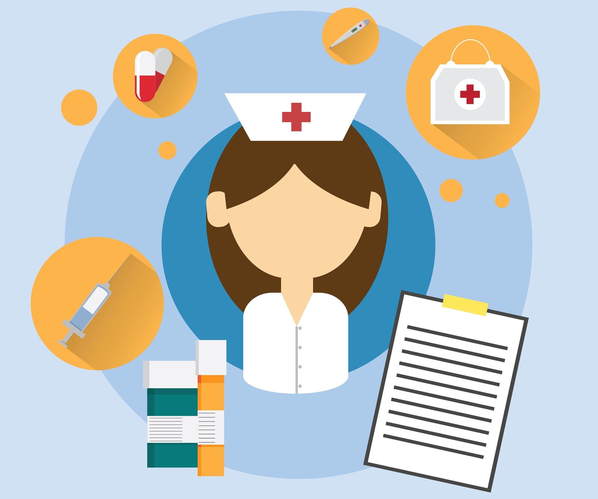 Illustrasjonen viser en sykepleier som tenker på oppgavene hun må gjøre.