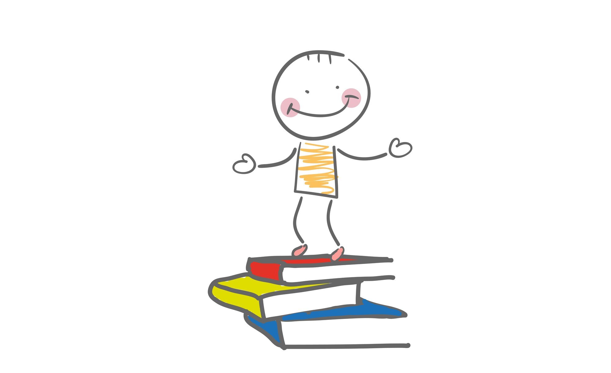Illustrasjonen viser et strekmenneske som står på en stabel bøker og smiler.