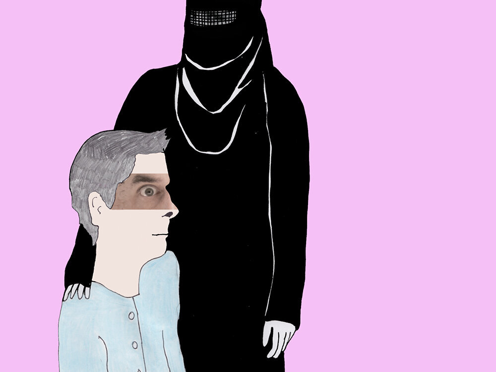 Bildet viser en pasient i vanlige klær og en sykepleier i burka.